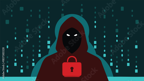 Hooded hacker figure with padlock and digital code background