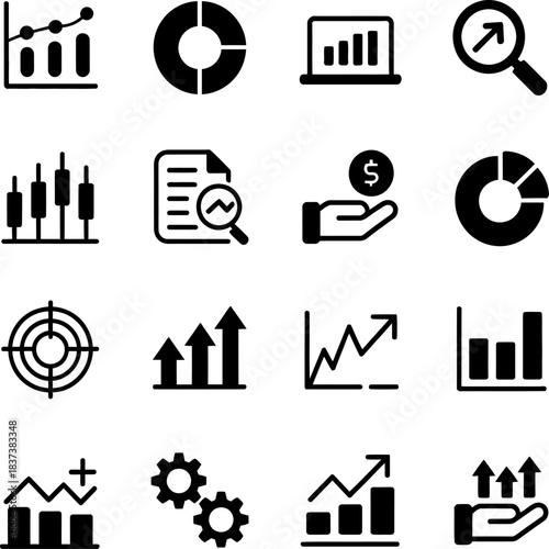 Black business and finance icons showing charts, graphs, growth symbols, analytics tools, and performance indicators.
