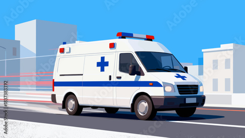 Ambulance driving on city street with blue sky background  