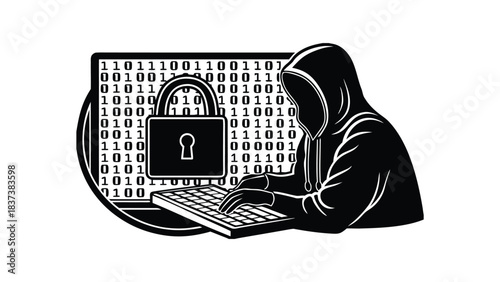 Hacker coding binary data on computer with padlock security icon