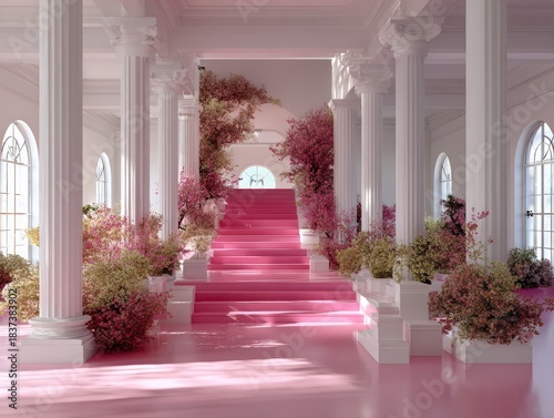 Pink staircase leading to podium decorated with flowers between white columns	
