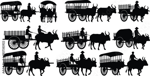 Ox, cart, rider, silhouette, posture, gesture, canopy, slat, hat, boot, tradition, transport, setup, agriculture, rural, livestock, motion, vector, black, pose, flavector