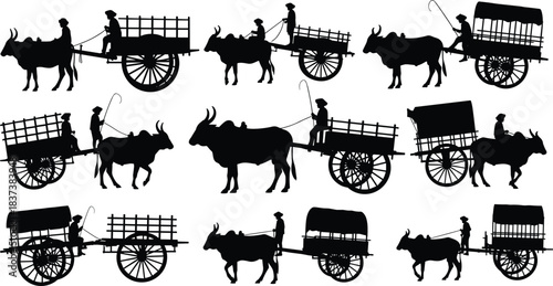 Ox, cart, transport, silhouette, posture, gesture, wheel, canopy, whip, stick, driver, rural, tradition, setup, agriculture, livestock, motion, vector, black, pose, flavector