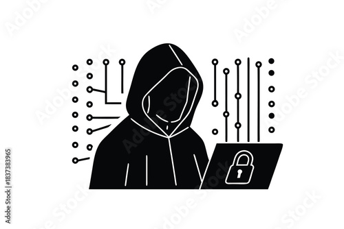 Hooded figure working on laptop with security padlock icon digital
