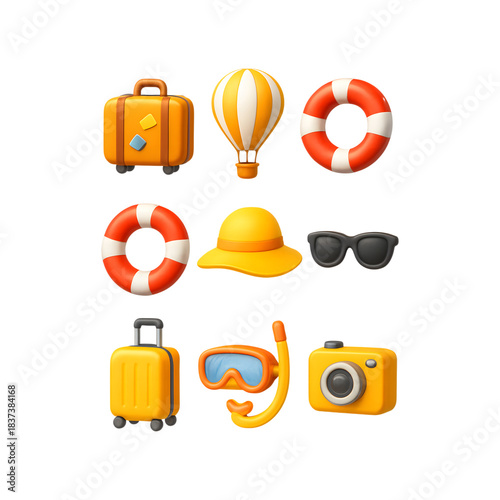 Holiday travel items set with suitcase, snorkel, camera, hat. 3D Rendering