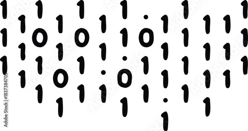 Falling binary code pattern, digital stream of ones and zeros.