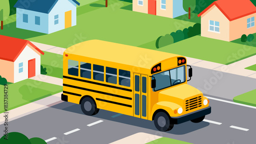 A school bus waiting for students on a road in a suburban area