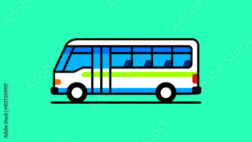Illustration of a mini bus on a bright green background representing public transport