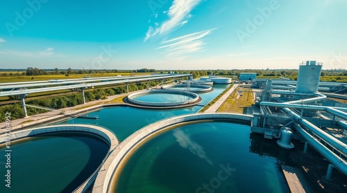 Aerial view of modern wastewater treatment plant with circular tanks and clear water reflecting blue sky.