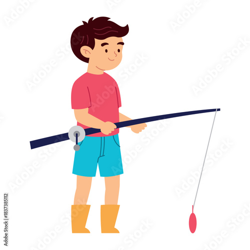 Happy Fishing Boy Flat Illustration