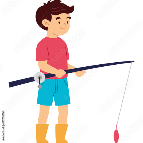 Happy Fishing Boy Flat Illustration