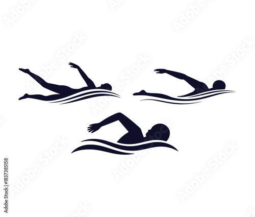 Three dark blue silhouette swimmers in water waves swimming sport.