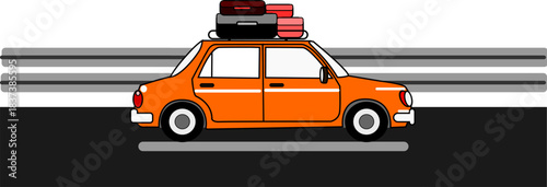 An orange car loaded with luggage embarks on an exciting road trip adventure, symbolizing the start of a joyful journey and new experiences ahead for travelers