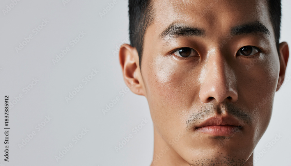 Fototapeta premium Close-up facial portrait of an Asian man showing natural skin texture, stubble and serious expression on light background.