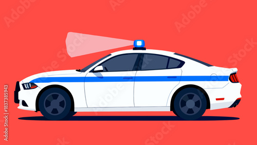 Police car with blue light on a red background  