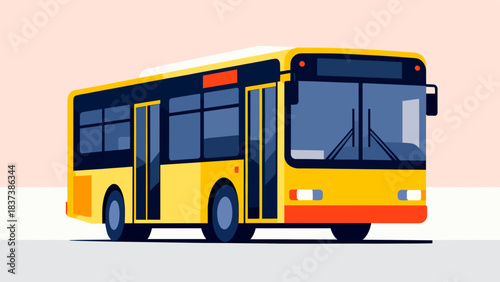 Yellow city bus in a modern design on a pastel background - Concept of public transport, roads  