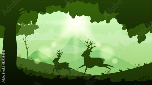 Abstract Dark Sky Background Vector Silhouette With Trees Deer Water Design Style