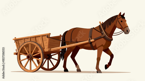 Horse-drawn transport. A horse harnessed to a wooden cart against a flat background, a concept of personal transportation, roads