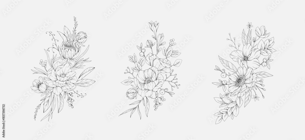 Fototapeta premium Botanic set of detailed various flowers and brunch. Luxury vintage floral collection for wedding invitation, wallpaper art or save the date card. Botanical vector illustration