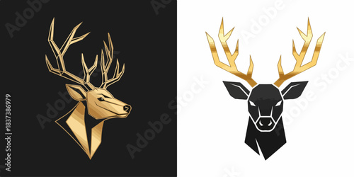 Elegant Geometric Deer Head with Majestic Golden Antlers on Contrasting Backgrounds