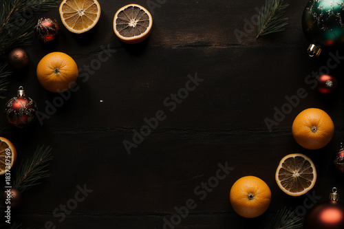 A festive arrangement featuring oranges, ornaments, and pine branches, evoking warmth and joy.