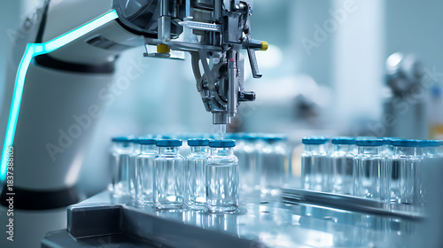 Robotic arm precisely filling vials on a sterile production line, ensuring accuracy and efficiency in pharmaceutical or laboratory settings, showcasing advanced automation.
