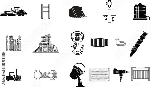 Monochrome vector icon set showcasing essential construction equipment, industrial machinery, and building materials, ideal for engineering and manufacturing design projects