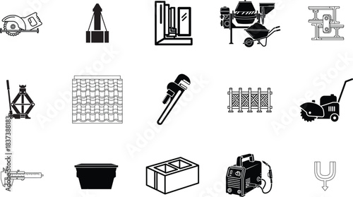 Monochrome outline icons illustrating essential construction tools, building materials, and equipment for home improvement, industrial applications, and repair projects