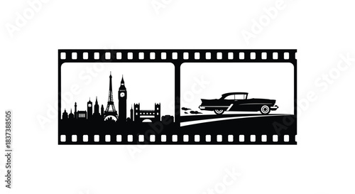 London skyline and classic car within a film strip a stark silhouette