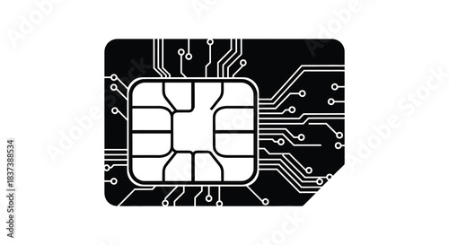 Detailed sim card circuitry with a black and white graphic silhouette