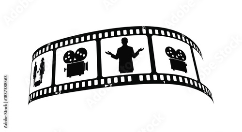 Film strip with movie icons and a welcoming figure silhouette