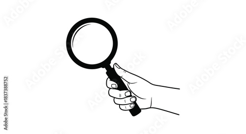 A hand holding a magnifying glass detailed black and white silhouette
