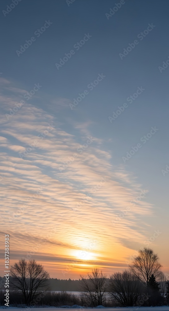 Fototapeta premium Sunrise over snow covered field with bare trees and cloud formations