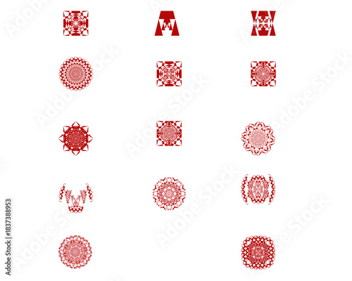 Modern geometric red icons on black background featuring symmetrical shapes, abstract symbols, and digital mandala designs for technology, branding, and graphic interface elements