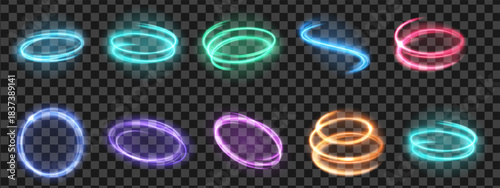 Abstract glowing light trails, colorful neon spiral effects set