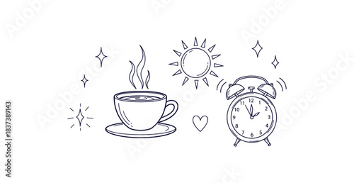 Charming hand drawn morning scene with coffee alarm clock and sun
