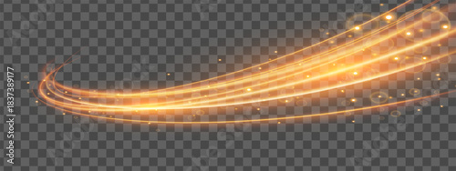 Curving golden light trails with sparkling particles and flare