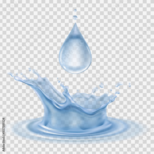 Realistic transparent water drop falling into dynamic blue splash