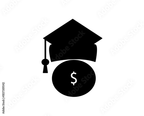 Black graduation cap silhouette above dollar coin icon representing student loans, tuition fees, and financial investment in higher education
