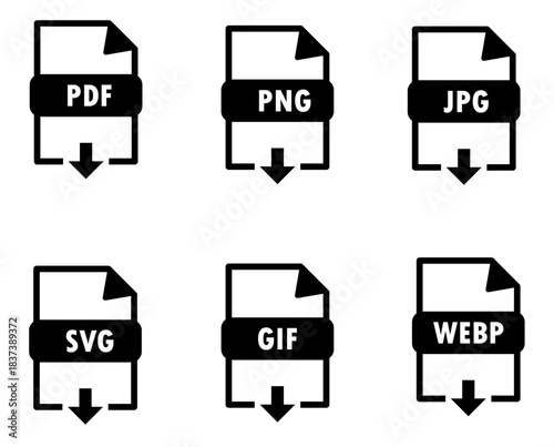 Set of six file icons with download arrows for PDF, PNG, JPG, SVG, GIF, and WEBP formats, representing digital content types and file management tools