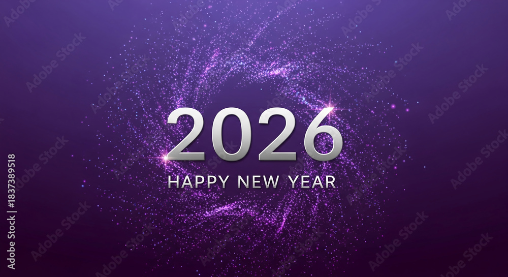 Naklejka premium Image with silver number 2026 on a purple background with sparkling lights, representing festive event, celebration of future new year