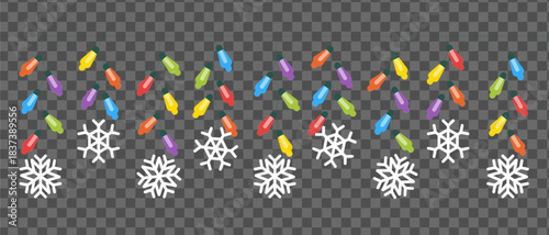 Christmas lights and snowflakes pattern on transparent background