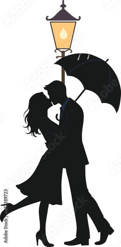 Couple kissing under an umbrella at night, romantic streetlamp silhouette illustration