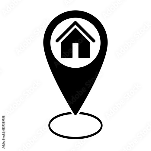 Black location pin icon with house symbol above circular map marker representing home address, geolocation, navigation, and real estate positioning