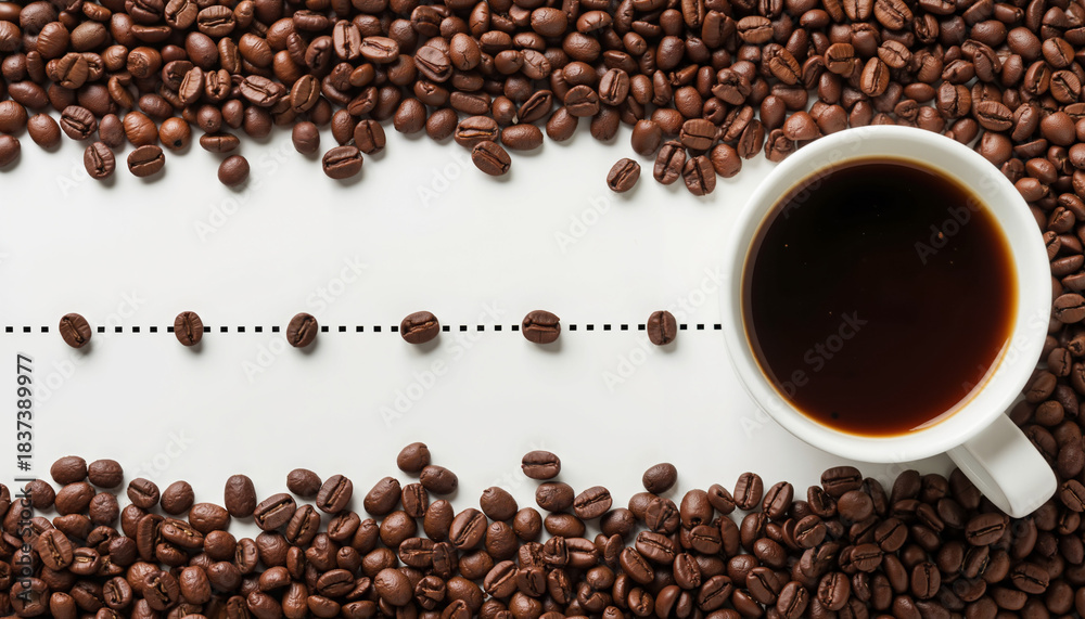 Fototapeta premium Coffee cup on white background surrounded by roasted coffee beans 