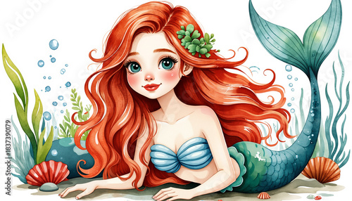 Young girl mermaid with red hair in underwater scene with plants  