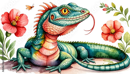Colorful lizard sitting among flowers with butterfly in vibrant setting  