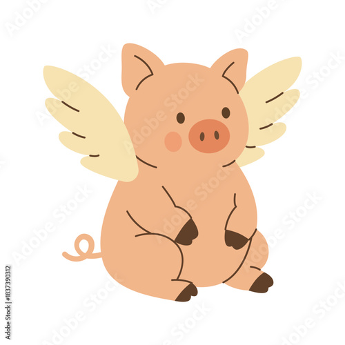 Cute cartoon piglet with wings. Adorable flying pig flat vector farm animal illustration for childrens fantasy and playful designs