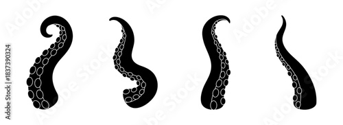 Black octopus tentacles set. Minimalist marine vector illustration for nautical themes, tattoos, fantasy art, and ocean designs