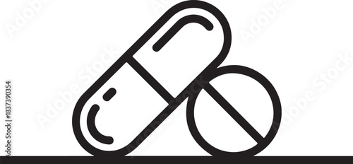 Minimal Line Art Illustration of a Capsule Pill and Tablet in Clean Modern Style